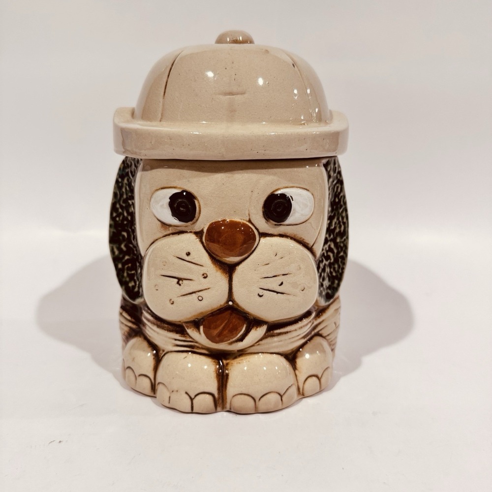 Vintage 70s Mount Clemens Art Pottery Dog Cookie Jar W Hat Lid USA